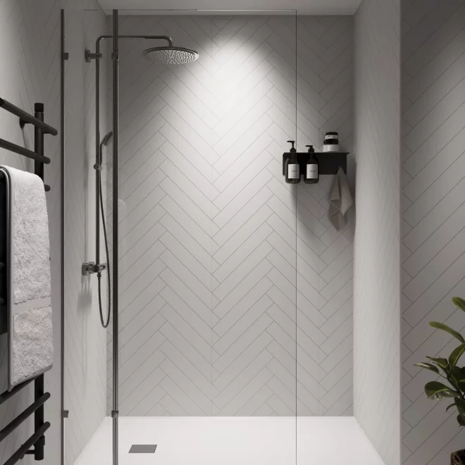 Snow White Herringbone Tile Showerwall Laminate Panels
