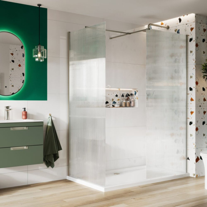 Scudo S8 700mm Brushed Nickel Fluted Glass Wetroom Panel