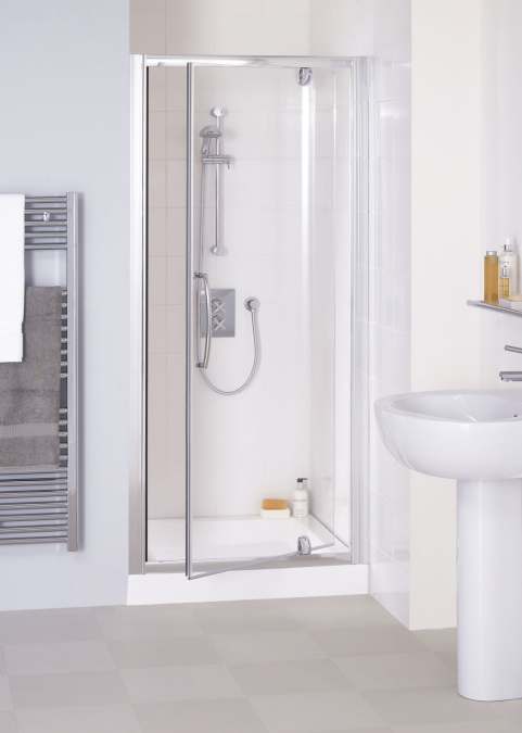 Lakes Classic 900mm White Semi-Frameless Pivot Shower Door