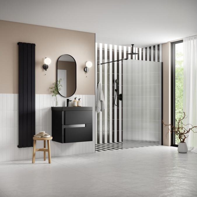 Supreme 1000mm Fluted Wetroom Panel & Support Bar - Black