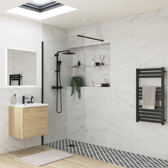 Supreme 1400mm Matt Black Wetroom Panel & Support Bar