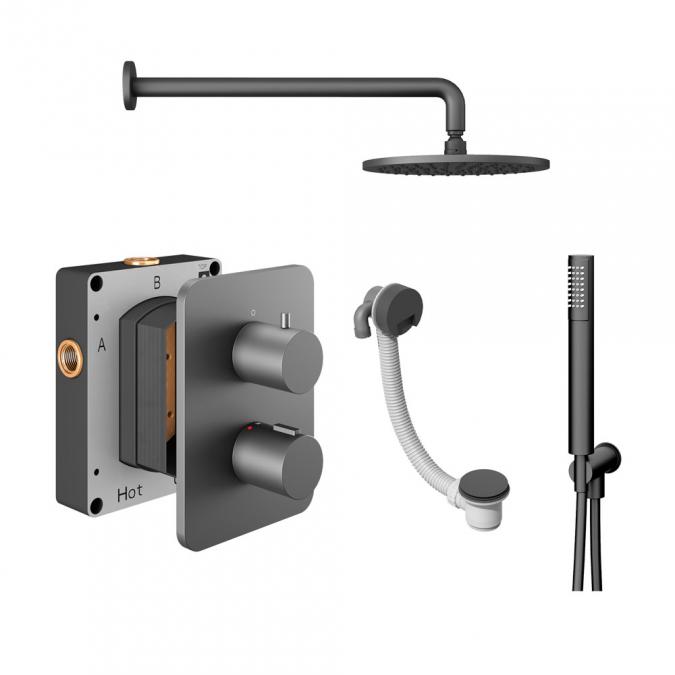 Abacus Shower Pack 6 Round Fixed Shower Head With Handset, Holder And Overflow Filler - Matt Anthracite