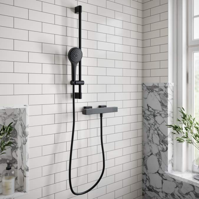 Villeroy & Boch Square Thermostatic Exposed Shower Set With Riser Rail Matt Black