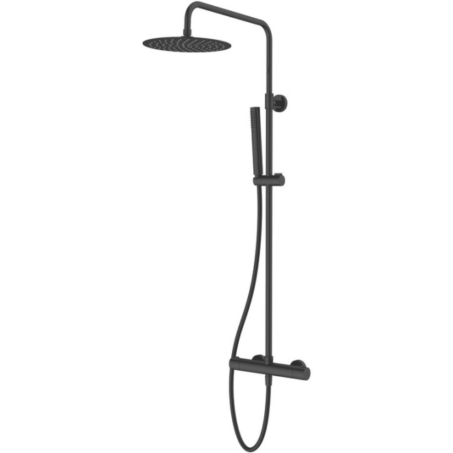 Vema Thermostatic Shower in Black with Round Bar Mixer Valve, Overhead Rain Shower and Handset 