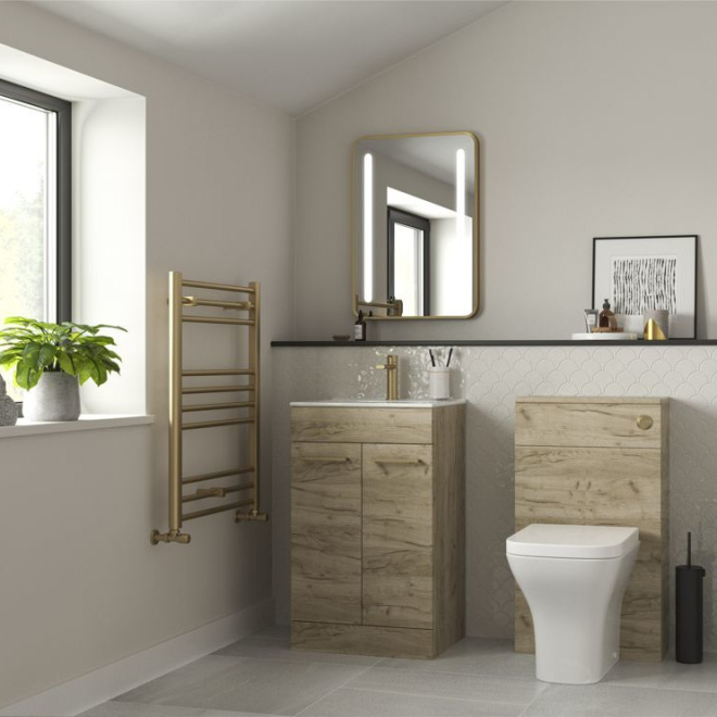 Vouille 510mm Floor Standing Furniture Set in Oak with Brushed Brass Finishes