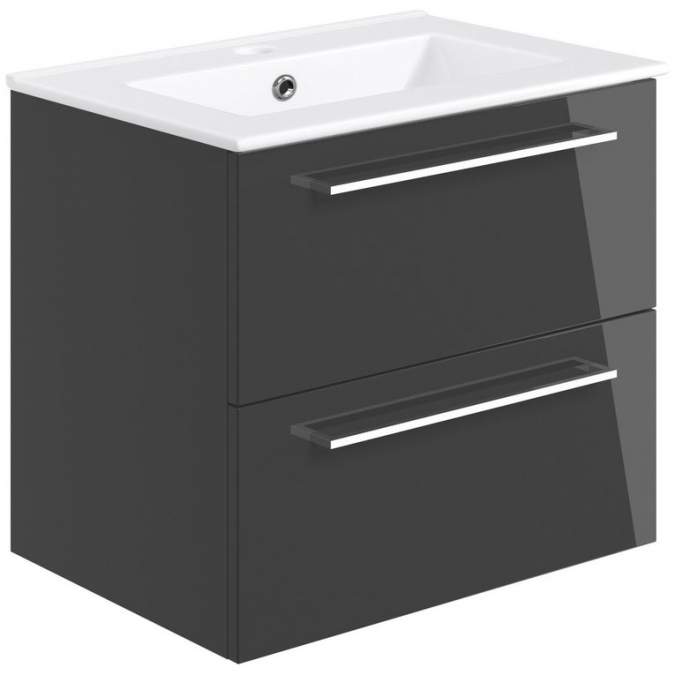 Vouille 610mm Wall Hung 2 Drawer Basin Unit & Basin - Anthracite Gloss