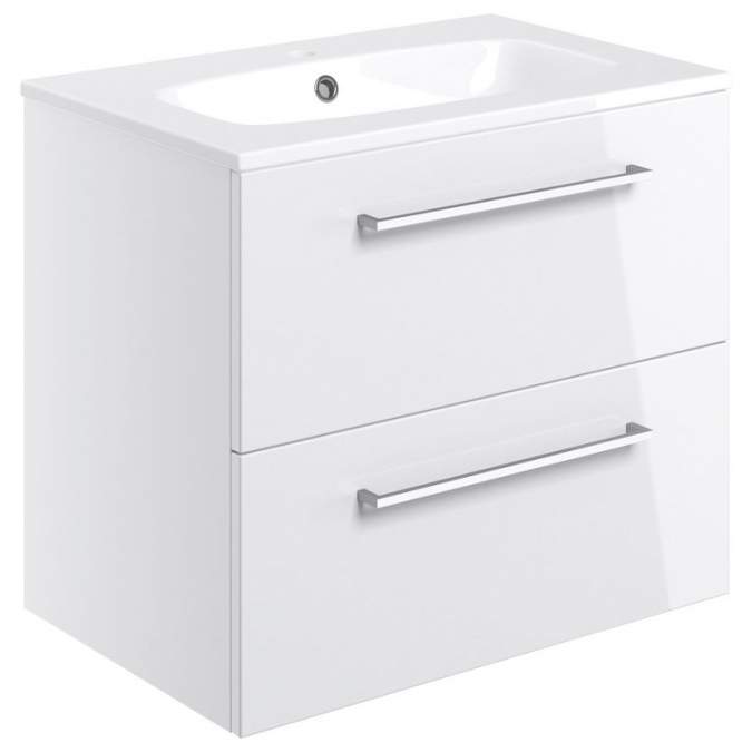 Vouille 610mm White Gloss Wall Hung 2 Drawer Basin Unit & Basin