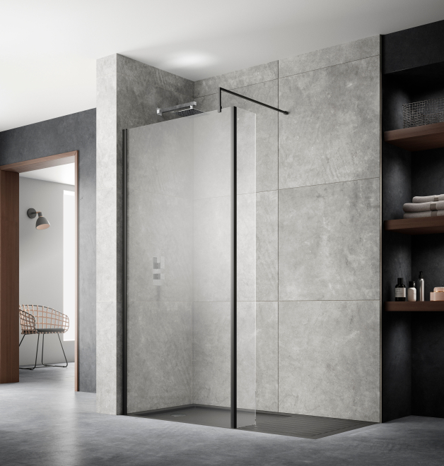 Nuie Wetroom Screen With Matt Black Profile and Support Bar