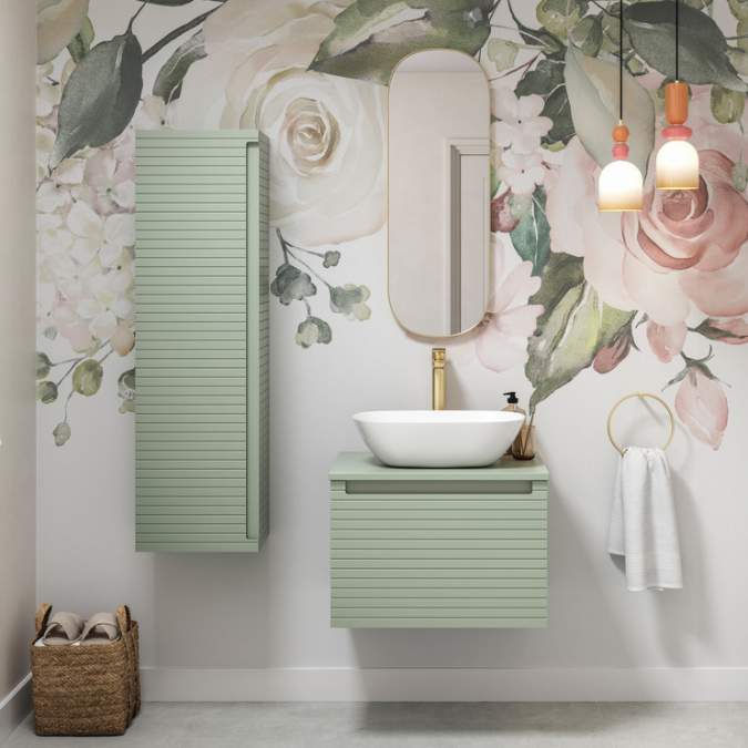 Latt 600mm Matt Willow Green Wall Hung 1 Drawer Vanity Unit and Worktop 