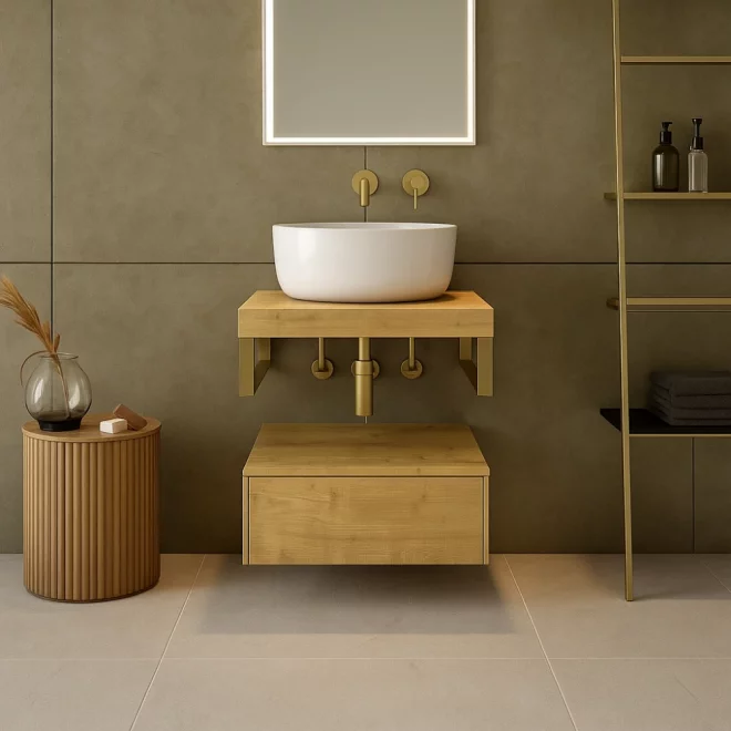 Abacus Concept Cloud 500mm Shelf, Halifax Oak With Brushed Brass Towel Hangers