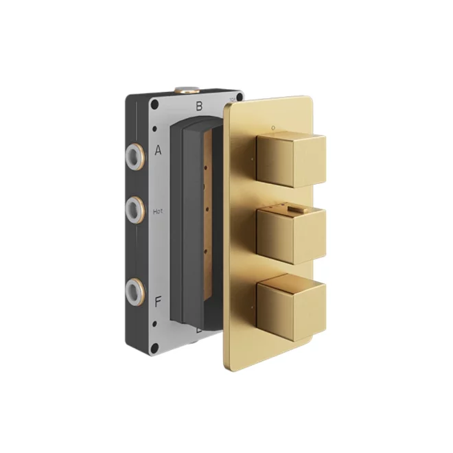 Abacus EZ Box 3.0 Brushed Brass Thermostatic 3 Way Shower Valve with Square Handles