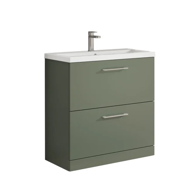Nuie Arno 800mm Satin Green Floor Standing 2 Drawer Vanity Unit
