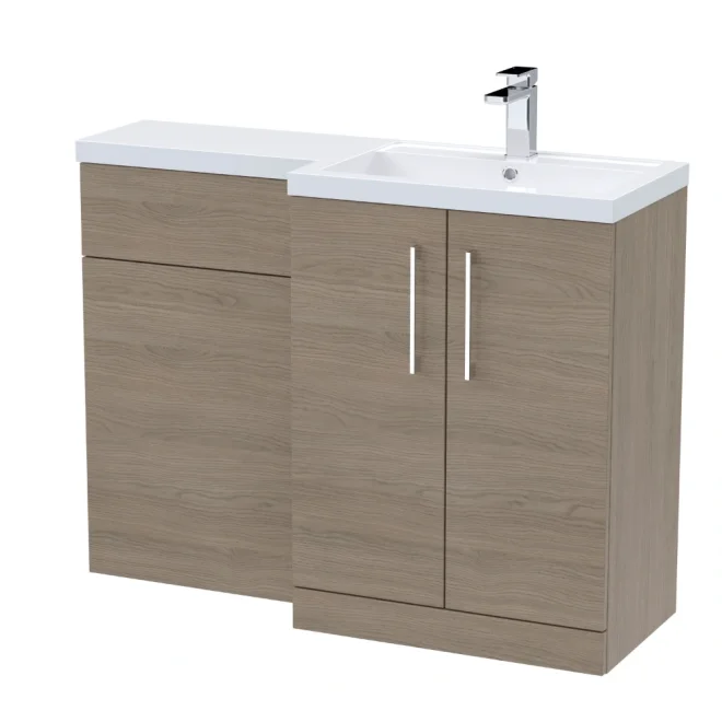 Nuie Arno Solace Oak 1100mm L Shape Vanity Basin & WC Unit Set With Polymarble Basin