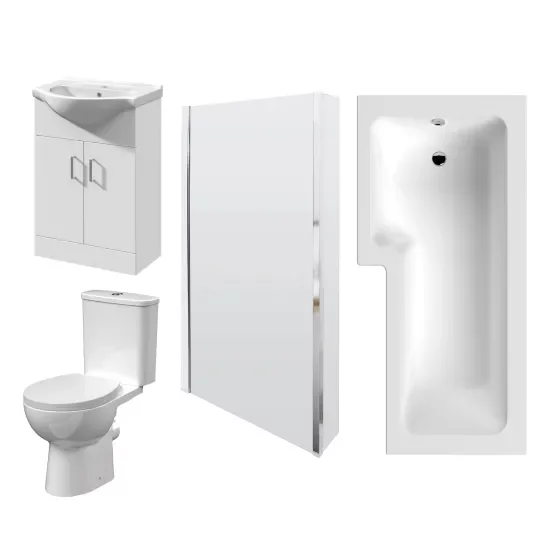 nuie Bathroom Suite with Left Hand Shower Bath, 550 Basin Vanity Unit and Toilet