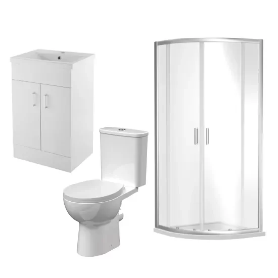 nuie Bathroom Suite with 900 Quadrant Shower Enclosure, 500 Basin Vanity Unit and Toilet