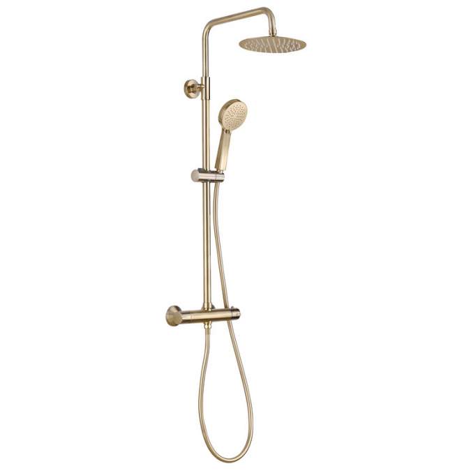 Dual Head Thermostatic Shower in Brushed Brass with Bar Mixer Valve, Overhead Rain Shower and Riser Kit with Handset