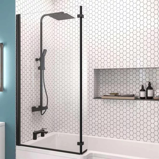 Eastbrook L Shaped Bath Shower Screen Left Hand 1400 x 835mm Matt Black