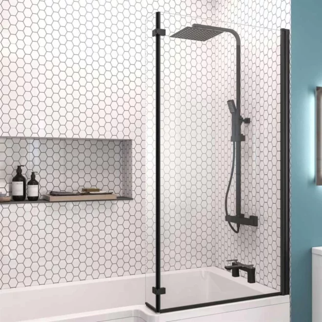 Eastbrook L Shaped Bath Shower Screen Right Hand 1400 x 835mm Matt Black