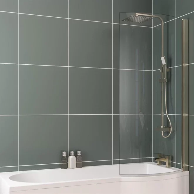 Eastbrook P Shaped Bath Shower Screen Right Hand 1400 x 735mm Brushed Brass