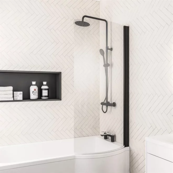Eastbrook P Shaped Bath Shower Screen Right Hand 1400 x 735mm Matt Black