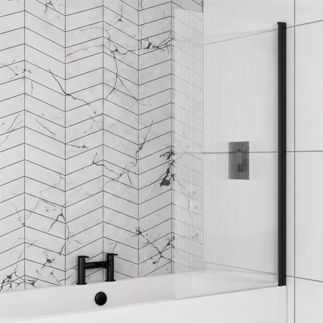 Eastbrook Fluted Bath Shower Screen Right Hand 1400 x 800mm Matt Black