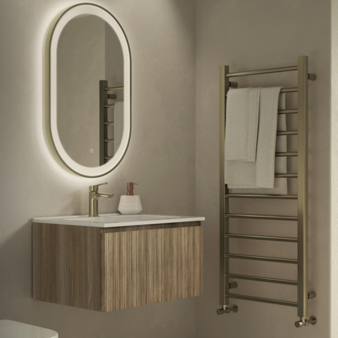 Flauto Country Oak Fluted 600mm Wall Hung Vanity Unit & Matte Basin
