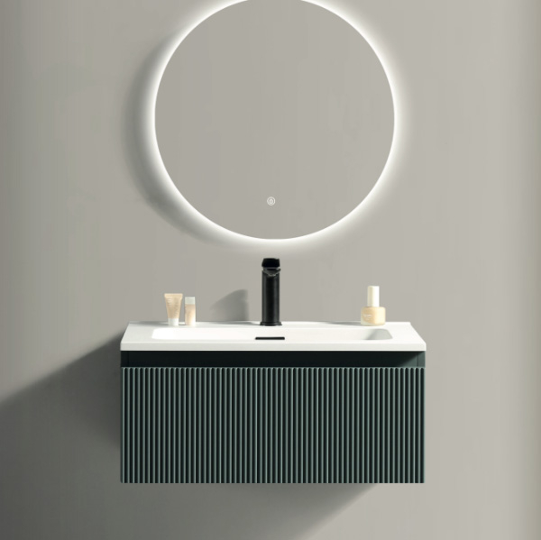 Flauto Smoked Sage Fluted 600mm Wall Hung Vanity Unit & Matte Basin