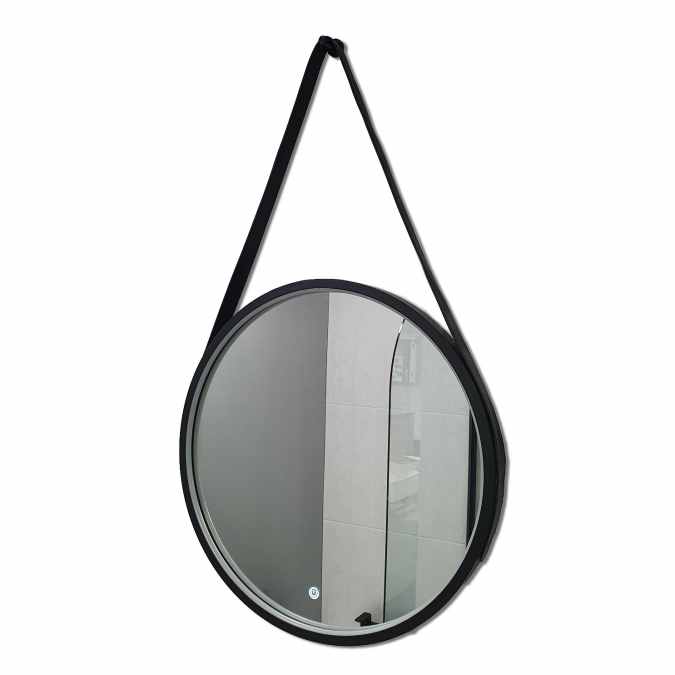 Granton 600 Round Matt Black Bluetooth Bathroom Mirror With Leather Strap - Highlife Bathrooms