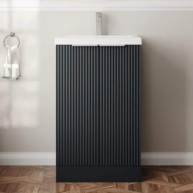 Hudson Reed Fluted 500 Satin Black Floor Standing Vanity Unit & Basin
