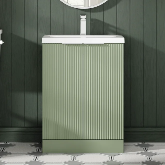 Hudson Reed Fluted 600 Satin Green Floor Standing Vanity Unit & Basin