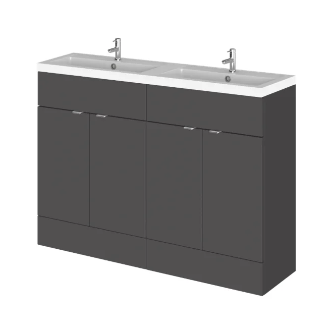 Hudson Reed Fusion Gloss Grey 1200 Floor Standing 4 Door Vanity Unit with Double Basin