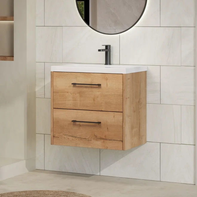 Hudson Reed Juno 600 2 Drawer Oak Wall Hung Vanity Unit