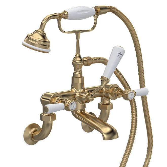 Hudson Reed Topaz Brushed Brass Wall Mounted Hex Collar Bath Shower Mixer