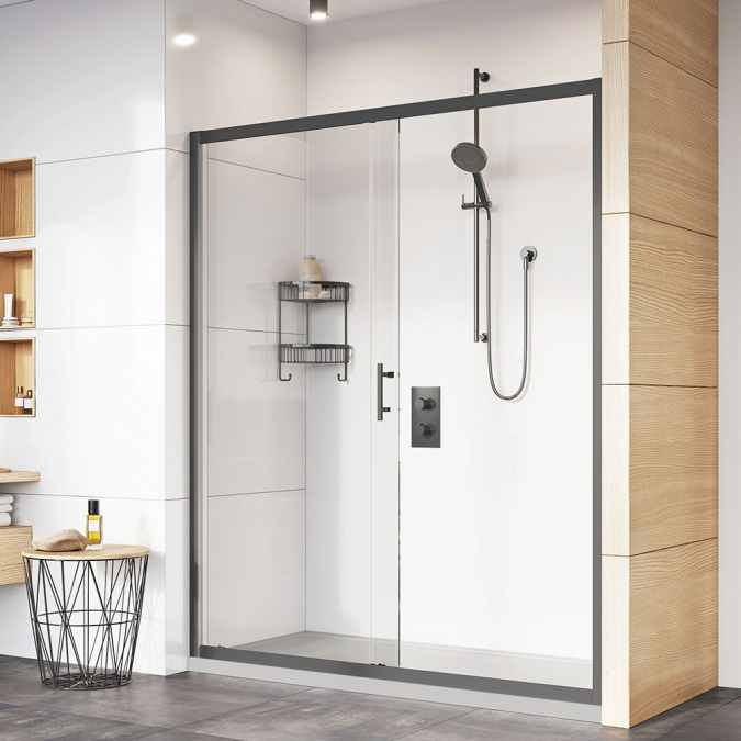 Roman Innov8 Matt Black Sliding Shower Door 1700mm for Alcove Fitting