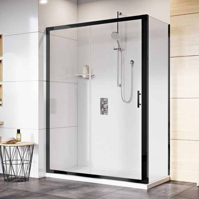 Roman Innov8 Matt Black Sliding Shower Door & Side Panel 1700 x 900mm - Corner Fitting