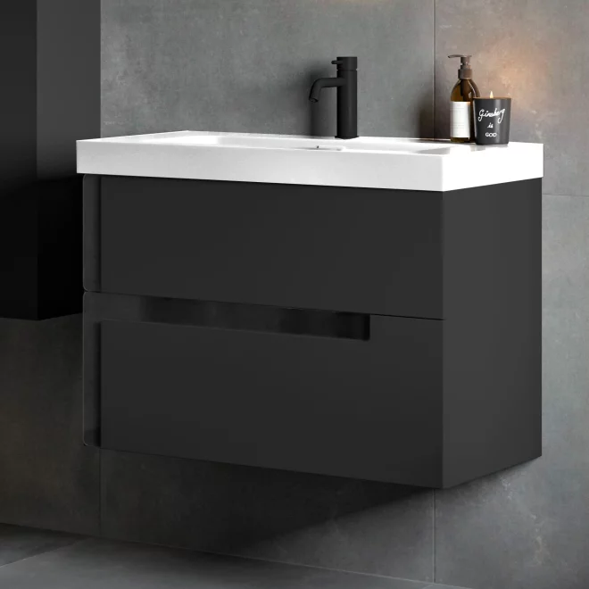 Jux Wall Hung  615mm Matt Black and Glass 2 Drawer Vanity Unit and White Basin