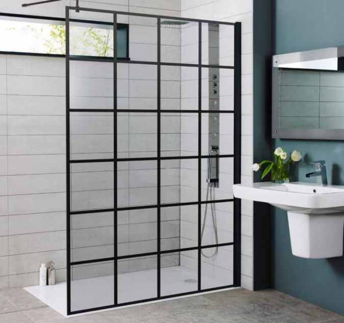 Kartell Krittle Black Grid Wetroom Glass Panel - 1000mm