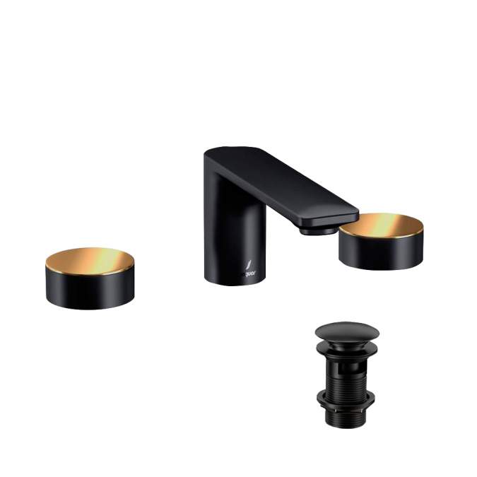 Jaquar Laguna Matt Black and Gold 3 Hole Basin Mixer Tap With Round Handle