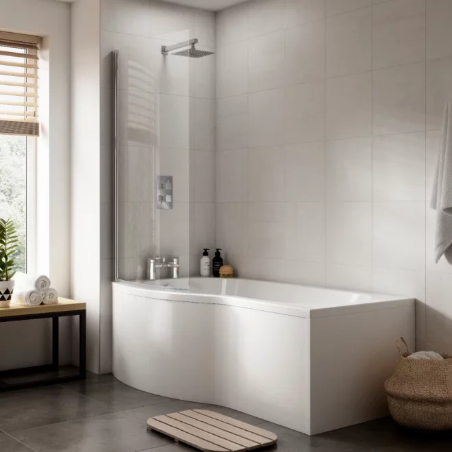 Nuie 1500 x 900mm B Shower Bath, Screen and Side Panel