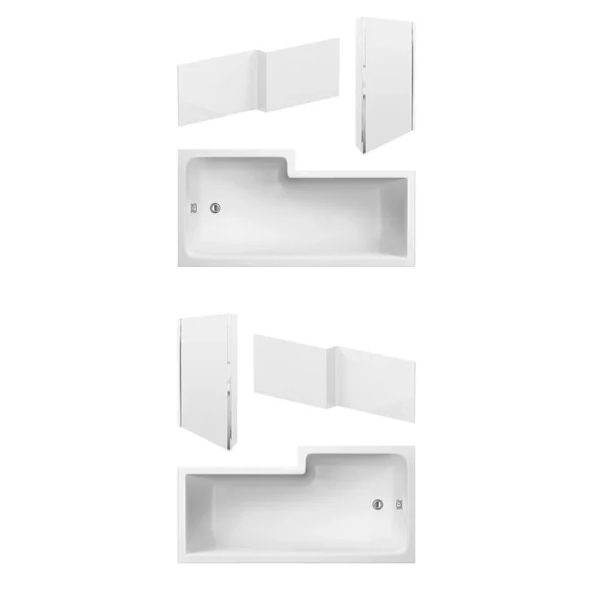 Nuie 1600 x 855mm L Shaped Shower Bath With Screen, Side Panel & Legs