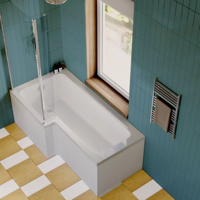 Nuie 1700 x 850mm L Shape Left Hand Shower Bath With Screen