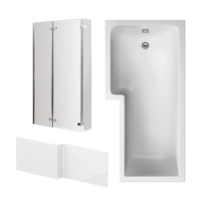 Nuie 1700 x 850mm L Shaped Left Hand Shower Bath, Screen and Side Panel