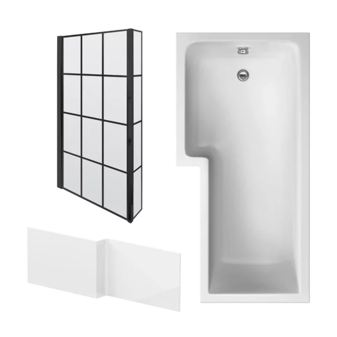 Nuie 1700 x 850mm L Shaped Shower Bath, Screen and Side Panel