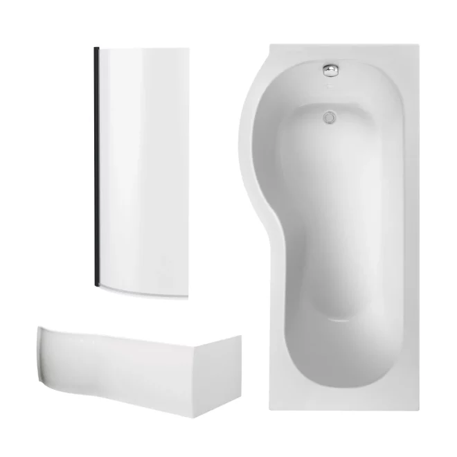 Nuie 1700mm P Shaped Shower Bath Left Hand, Matt Black Shower Screen & Front Panel