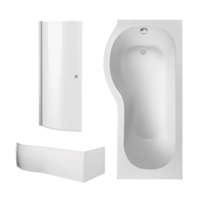 Nuie 1700mm P Shaped Left Hand Shower Bath, Chrome Bath Screen & Front Panel