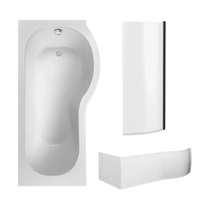 Nuie 1700mm P Shaped Shower Bath Right Hand, Matt Black Bath Screen & Front Panel