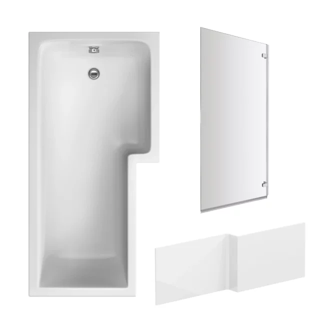 Nuie 1700mm L Shaped Left Hand Shower Bath, Glass Screen and Panel