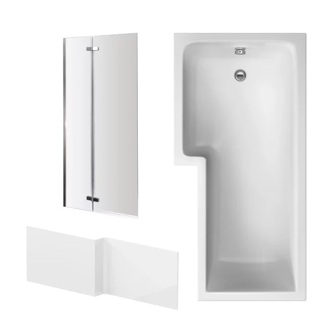 Nuie 1700mm L Shaped Shower Bath Left Hand, Chrome Glass Screen and Panel