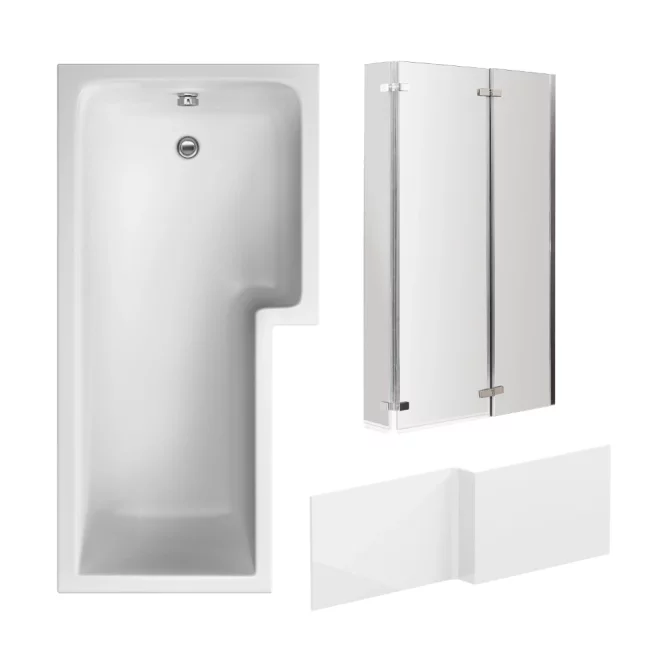 Nuie 1700mm L Shaped Right Hand Shower Bath, Hinged Glass Screen and Panel