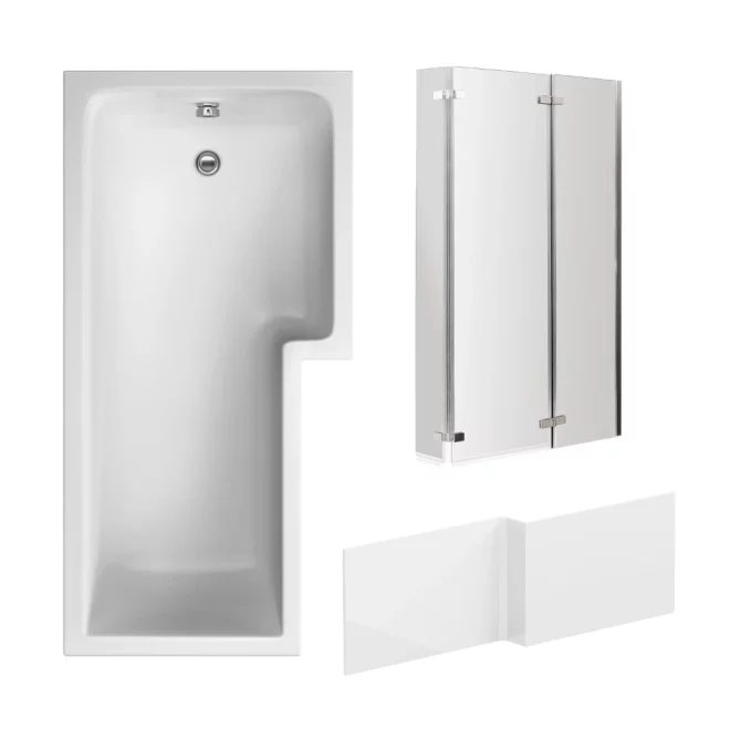 Nuie 1700mm L Shaped Shower Bath Right Hand, Chrome Glass Screen and Panel